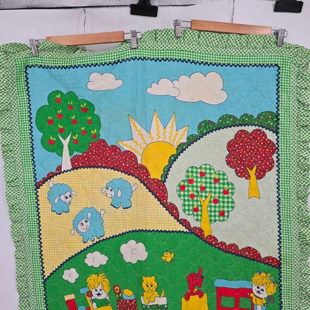 Vintage Thats Our Baby Quilted Nursery Blanket Green Gingham Ruffle Train Sheep